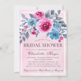 ロマンチックなピンクウォーターカラーフローラブライダルシャワー 招待状