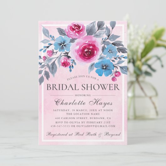 ロマンチックなピンクウォーターカラーフローラブライダルシャワー 招待状 (スタンド正面)