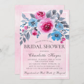 ロマンチックなピンクウォーターカラーフローラブライダルシャワー 招待状 (正面/裏面)