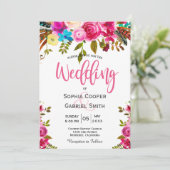 ロマンチックなピンクウォーターカラーフローラ結婚タイポグラフィ 招待状 (スタンド正面)