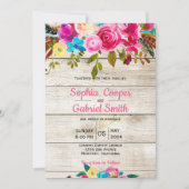 ロマンチックなピンクウォーターカラーフローラ結婚タイポグラフィ 招待状 (正面)