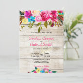 ロマンチックなピンクウォーターカラーフローラ結婚タイポグラフィ 招待状 (スタンド正面)