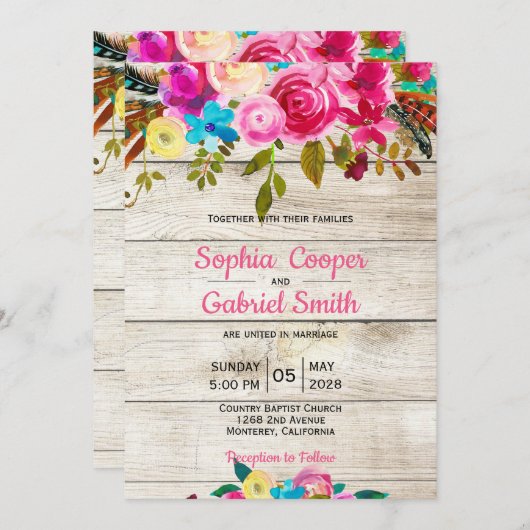 ロマンチックなピンクウォーターカラーフローラ結婚タイポグラフィ 招待状 (正面/裏面)