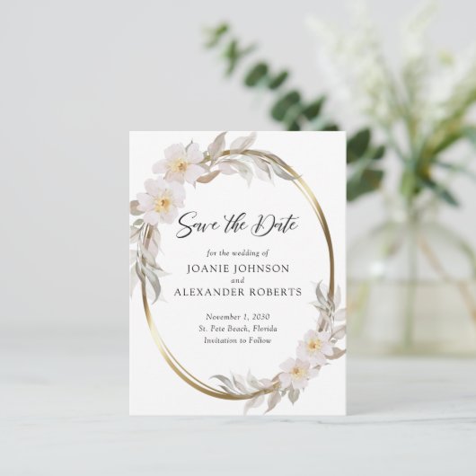 ロマンチックなピンクエレガントのフローラの葉が日付を保存 案内ポストカード (スタンド正面)