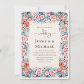 ロマンチックなピンクブルーウォーターフローラ結婚ズ 招待状 (正面)