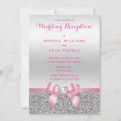 ロマンチックなピンクボウシルバーグリッターウェディングレセプション 招待状 (正面)