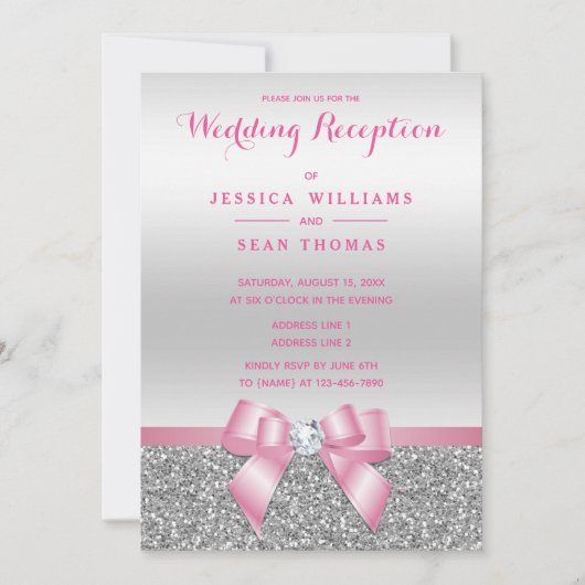 ロマンチックなピンクボウシルバーグリッターウェディングレセプション 招待状 (正面)