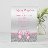 ロマンチックなピンクボウシルバーグリッターウェディングレセプション 招待状 (スタンド正面)
