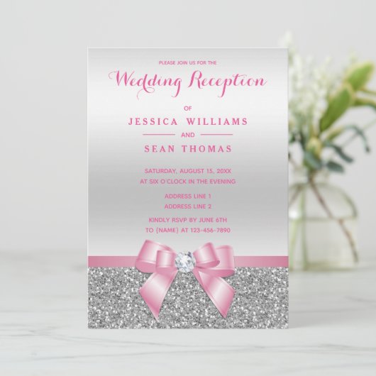 ロマンチックなピンクボウシルバーグリッターウェディングレセプション 招待状 (スタンド正面)