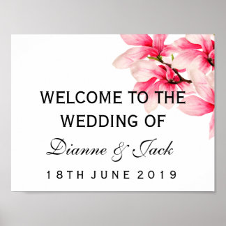 ロマンチックなピンクマグノリア結婚フローラの歓迎サイン ポスター