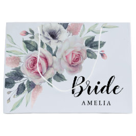 ロマンチックなピンクローズウォーターカラーフローラブルー ラージペーパーバッグ