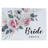 ロマンチックなピンクローズウォーターカラーフローラブルー ラージペーパーバッグ (裏面)