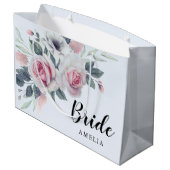 ロマンチックなピンクローズウォーターカラーフローラブルー ラージペーパーバッグ (裏面アングル)