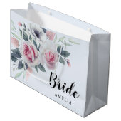 ロマンチックなピンクローズウォーターカラーフローラブルー ラージペーパーバッグ (正面アングル)