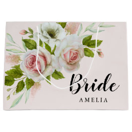 ロマンチックなピンクローズウォーターカラーフローラ花嫁 ラージペーパーバッグ