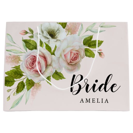 ロマンチックなピンクローズウォーターカラーフローラ花嫁 ラージペーパーバッグ (正面)