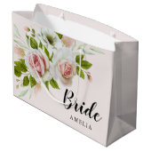 ロマンチックなピンクローズウォーターカラーフローラ花嫁 ラージペーパーバッグ (裏面アングル)