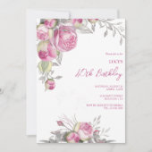 ロマンチックなピンクローズデコレーションバースデーパーティー 招待状 (正面)
