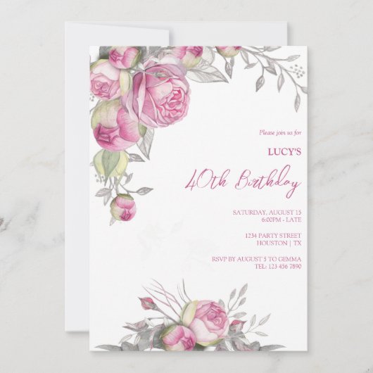 ロマンチックなピンクローズデコレーションバースデーパーティー 招待状 (正面)