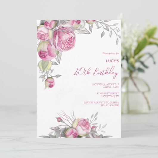 ロマンチックなピンクローズデコレーションバースデーパーティー 招待状 (スタンド正面)