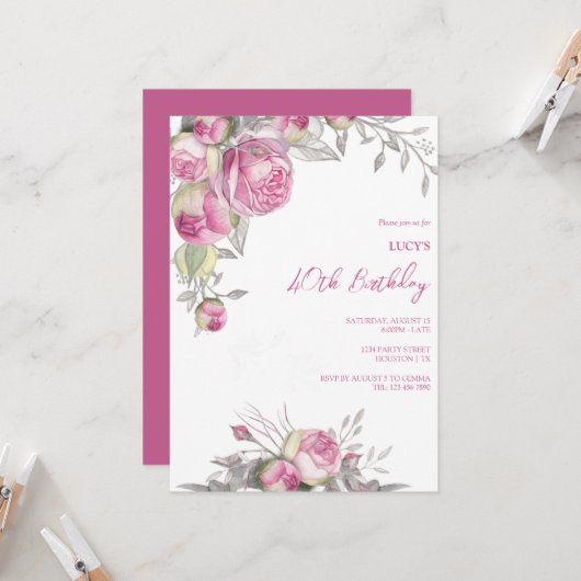 ロマンチックなピンクローズデコレーションバースデーパーティー 招待状 (正面/裏面インサイチュ)