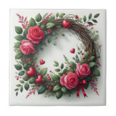 ロマンチックなピンクローズリースと赤いハート タイル (正面)