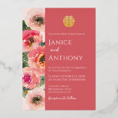 ロマンチックなピンク中国ののフローラ結婚カップルの写真 箔招待状 (裏面)