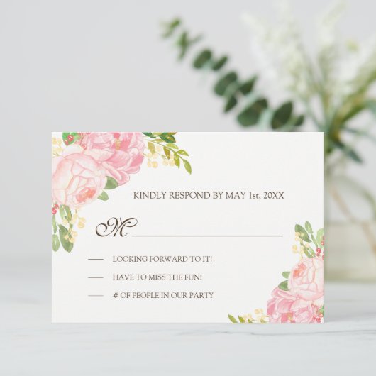 ロマンチックなピンク牡丹の結婚式RSVP 出欠カード (スタンド正面)