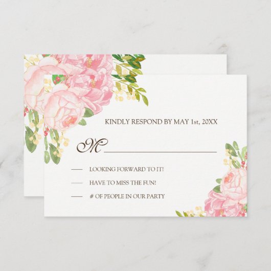 ロマンチックなピンク牡丹の結婚式RSVP 出欠カード (正面/裏面)