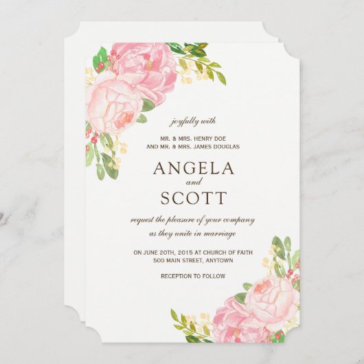 ロマンチックなピンク牡丹結婚式招待状 招待状 (正面/裏面)