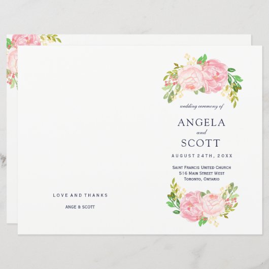 ロマンチックなピンク牡丹結婚式 プログラム (正面/裏面)