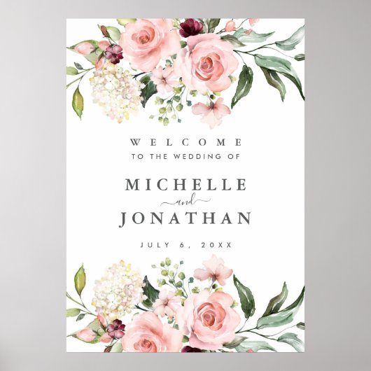 ロマンチックなピンク結婚のバラの歓迎サイン ポスター (正面)