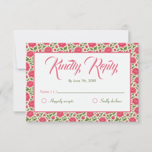 ロマンチックなピンク結婚の花 出欠カード (正面)