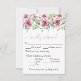 ロマンチックなピンク結婚フローラ 出欠カード
