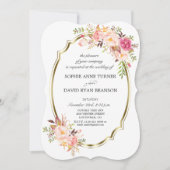 ロマンチックなピンク赤面フローラ金ゴールド結婚フレーム 招待状 (正面)