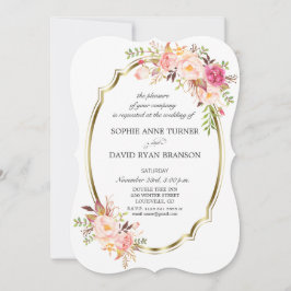 ロマンチックなピンク赤面フローラ金ゴールド結婚フレーム 招待状