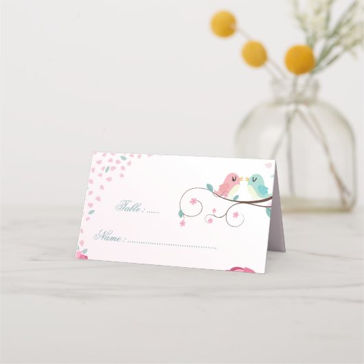 ロマンチックなピンク&ブルーラブバードの植物学 プレイスカード (正面)