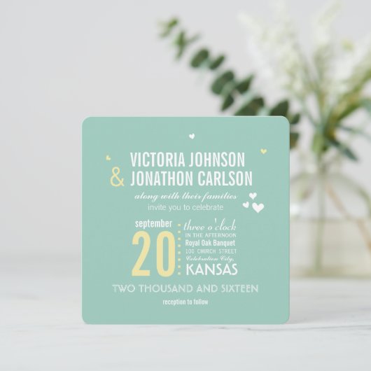 ロマンチックなフォトミントとイエロージグザグ結婚ズ 招待状 (スタンド正面)