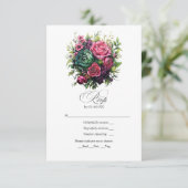 ロマンチックなフューシャ、エメラルドグリーン & ブラックの花 出欠カード (スタンド正面)