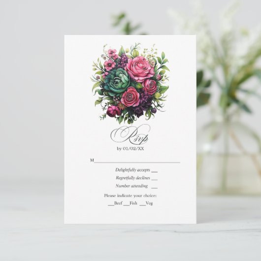 ロマンチックなフューシャ、エメラルドグリーン & ブラックの花 出欠カード (スタンド正面)