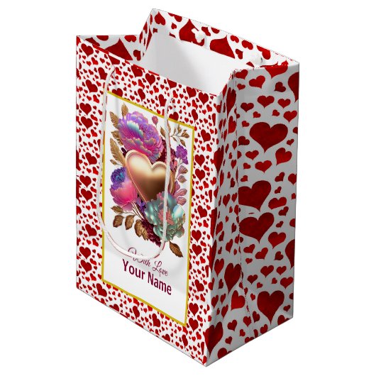 ロマンチックなフローラと金ゴールドハート ミディアムペーパーバッグ (正面アングル)