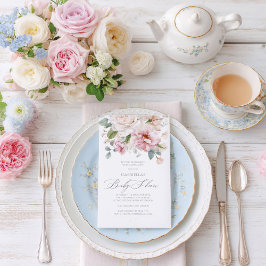 ロマンチックなフローラの水色のバラベビーシャワー 招待状