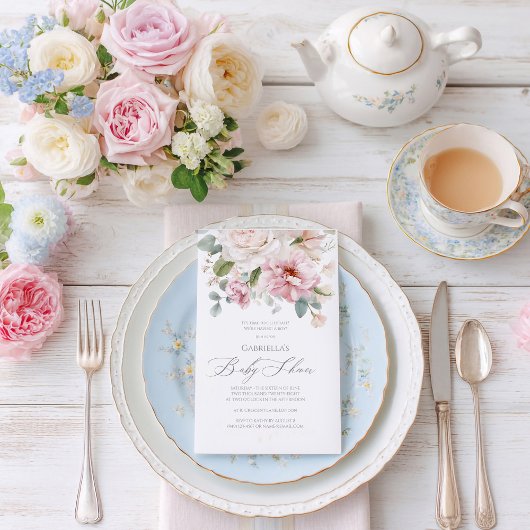 ロマンチックなフローラの水色のバラベビーシャワー 招待状
