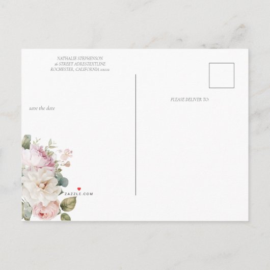 ロマンチックなフローラの水色のバラ日付を保存 案内ポストカード (裏面)