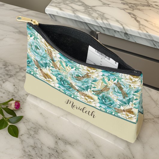 ロマンチックなフローラアクアバラドラゴンフライモノグラム アクセサリーポーチ