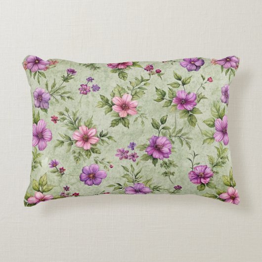 "ロマンチックなフローラアクセント枕 – Pとセージ緑 アクセントクッション (正面)