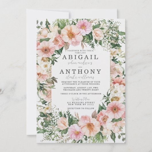 ロマンチックなフローラエレガンス – ガーデン結婚ブロッズ 招待状 (正面)