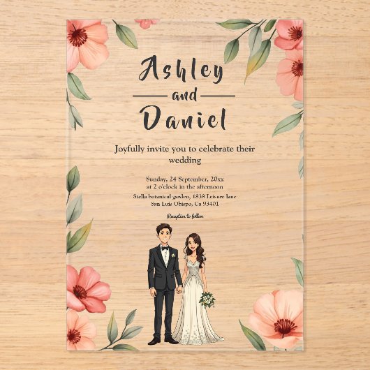 ロマンチックなフローラガーデン新郎新婦結婚ズ アクリル招待状 (正面)