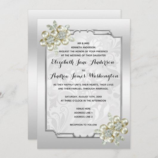 ロマンチックなフローラジェムシルバーフレーム結婚シルバー 招待状 (正面/裏面)