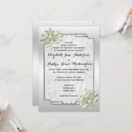 ロマンチックなフローラジェムシルバーフレーム結婚シルバー 招待状